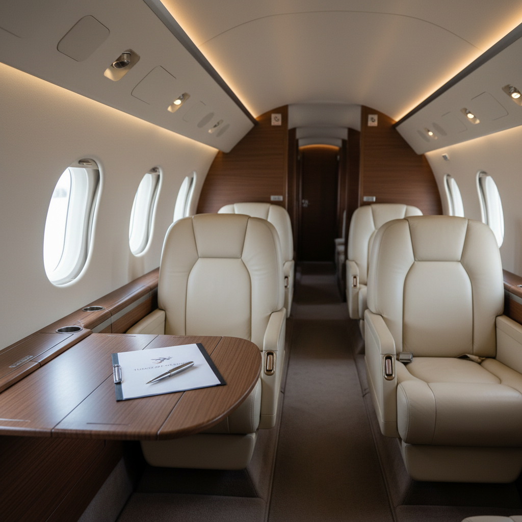 A close-up, photographic realism shot of a luxurious business jet cabin interior featuring cream leather club seats with fine stitching, matte walnut wood veneer side ledges, and brushed aluminum trim. The cabin is illuminated by soft, indirect LED lighting and cool daylight filtering through oval windows, casting gentle reflections on the polished surfaces. A small fold-out table holds a neatly arranged stack of aviation documents and a brushed metal pen, hinting at business productivity. Shot at eye level down the aisle with a shallow depth of field to create a sense of depth and intimacy. The atmosphere is calm, refined, and highly professional, emphasizing comfort and premium Turkish business jet solutions.