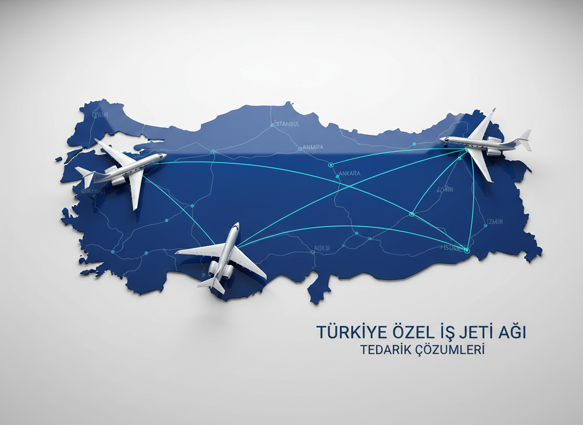 An overhead photographic view of a glossy, dark-blue map of Turkey laid on a minimalist white desk, with sleek silver business jet models positioned near major cities like Istanbul, Ankara, and Izmir. Thin, glowing blue route lines connect the cities, suggesting a tailored network of business jet tedarik (procurement) solutions. Soft, diffused studio lighting creates minimal shadows and emphasizes clean contours and metallic reflections on the models. The composition is centered with strong geometric balance and sharp focus across the frame. The mood is strategic, precise, and corporate, highlighting national coverage and solution-oriented planning for Turkish business aviation.