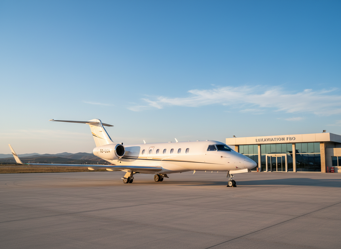 A sleek white and silver business jet parked on a pristine airport apron, its polished fuselage reflecting a clear blue Turkish sky. The aircraft’s elegant swept wings and modern winglets catch the soft golden hour light, creating refined highlights along the metallic surfaces. In the mid-distance, a low, glass-fronted FBO terminal with subtle branding and minimalist architecture suggests premium service without showing any people. Photographic realism with a clean, modern aesthetic, shot from a slightly elevated three-quarter front angle, sharp focus throughout. The mood is professional, confident, and aspirational, conveying reliability and high-end corporate aviation solutions in Turkey.